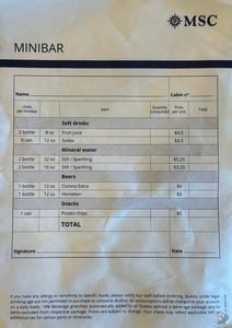 MSC Cruises Minibar Menu & Prices: Drinks, Beer, Water & Snacks