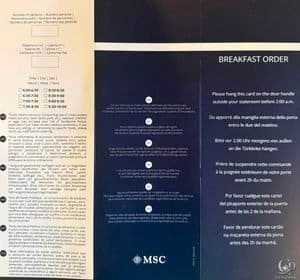 MSC Cruises Room Service Breakfast Menu & Prices