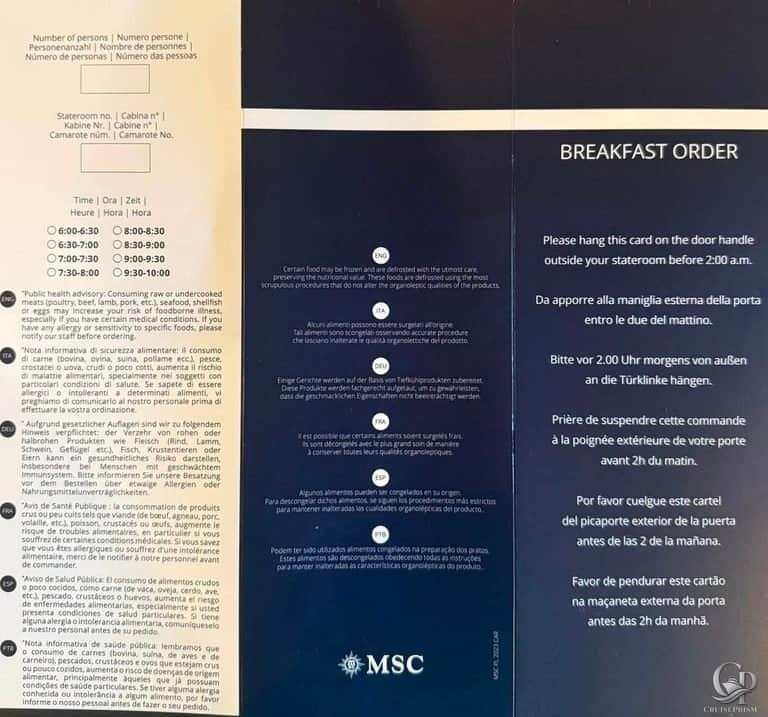 MSC Cruises Room Service Breakfast Menu & Prices