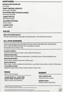 MSC World America All-Stars Sports Bar Food Menu