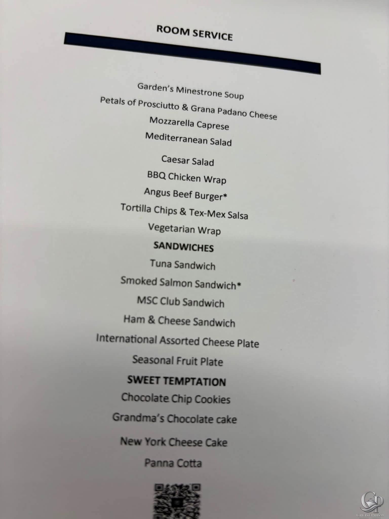 MSC Yacht Club Room Service Menu and Minibar Prices