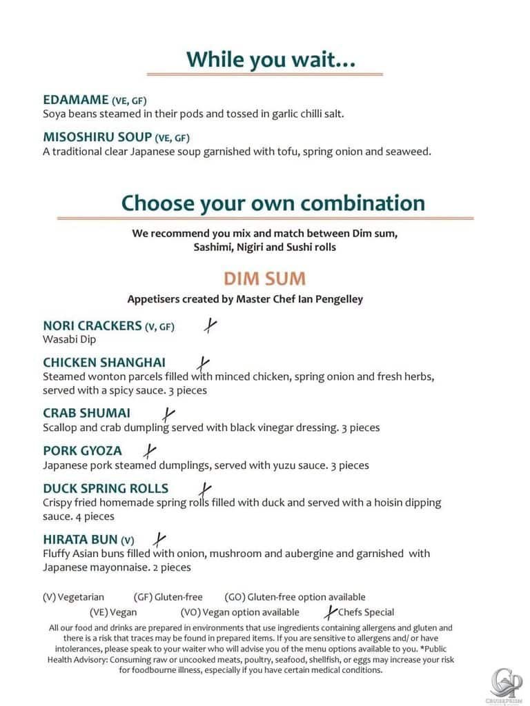 Marella Cruises Umi Sushi Menu: Sushi, Dim Sum & Desserts