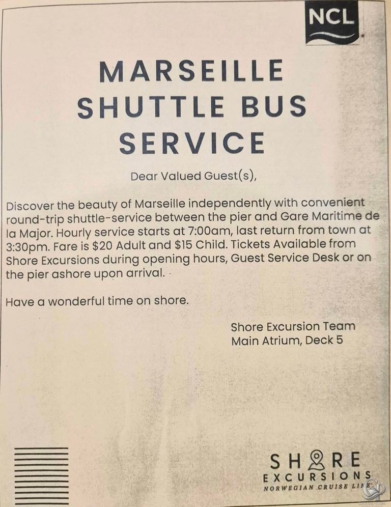 Norwegian Cruise Line Marseille Shuttle Bus: Price, Schedule and Drop-Off Point