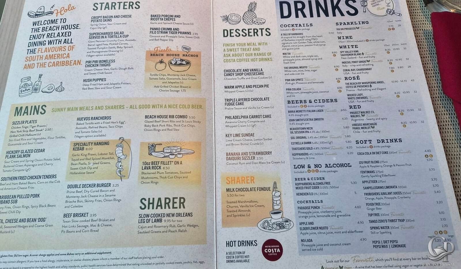 P&O Cruises Beach House Menu and Prices