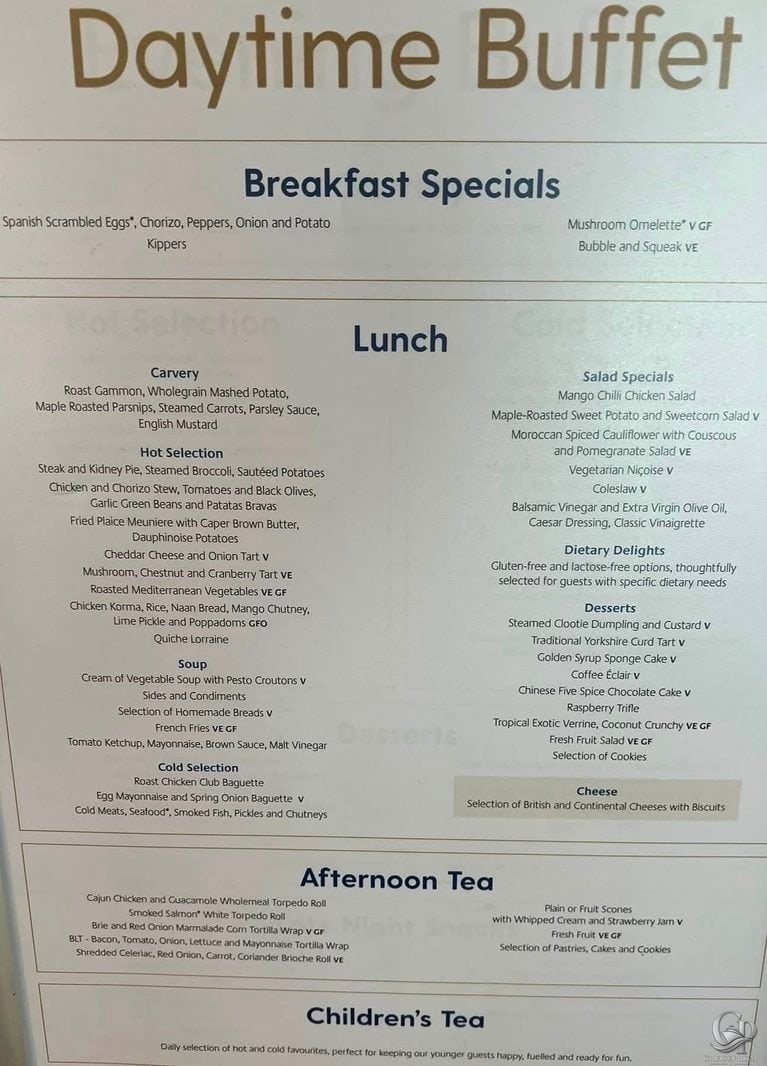 P&O Cruises Daytime Buffet Menu: Breakfast, Lunch & Afternoon Tea