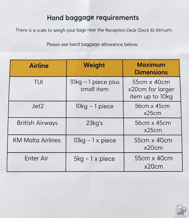 P&O Cruises Fly-Cruise Hand Baggage Requirements