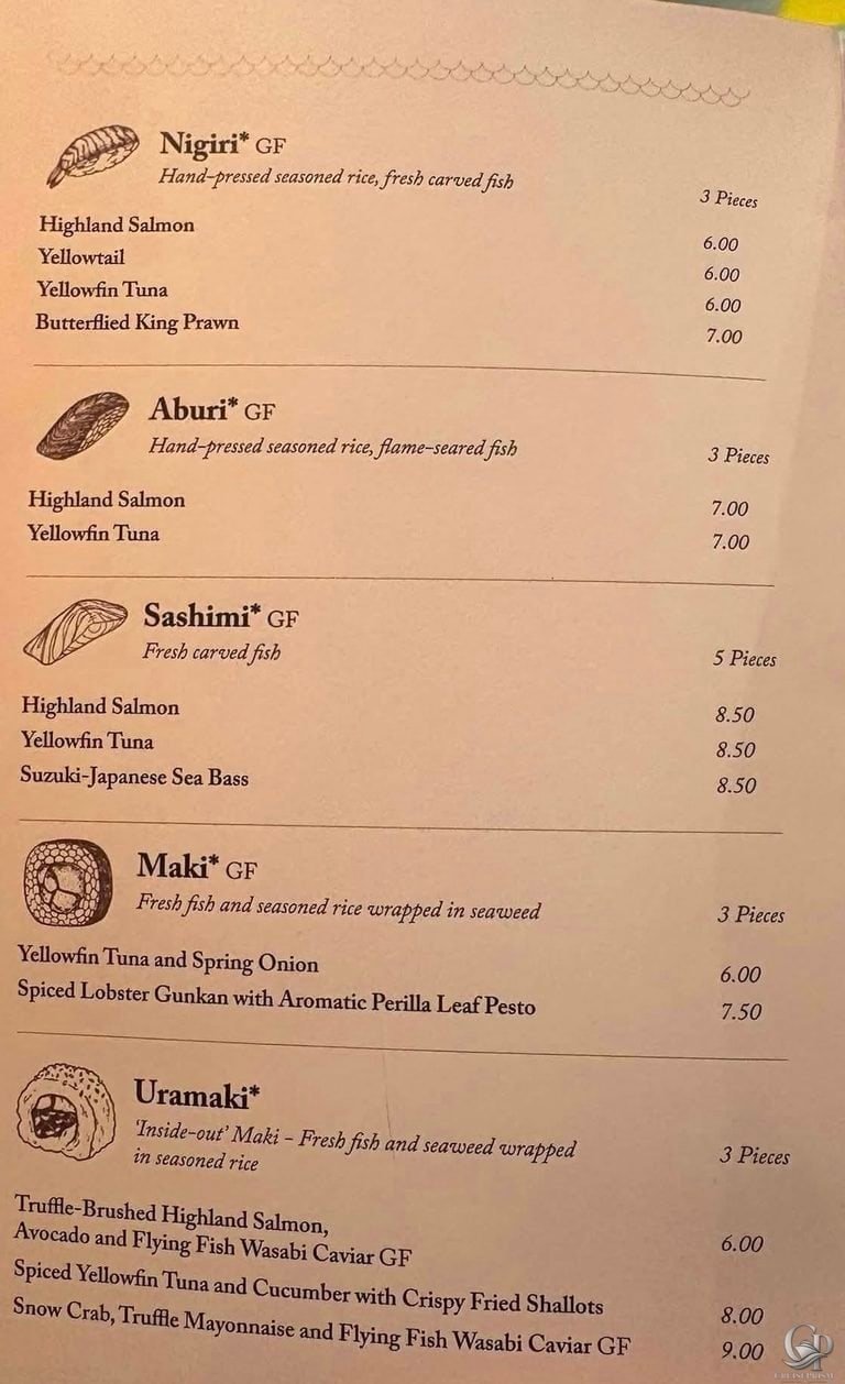 P&O Cruises Green & Co feat. Mizuhana Menu and Sushi Prices