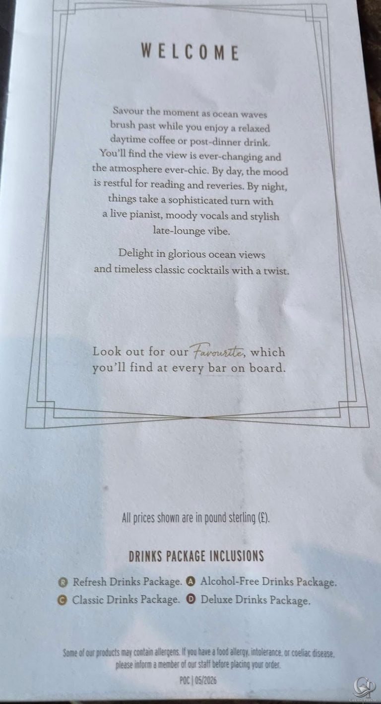 P&O Cruises Metropolis Bar Menu and Drink Prices