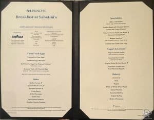 Princess Cruises Sabatini’s Breakfast Menu