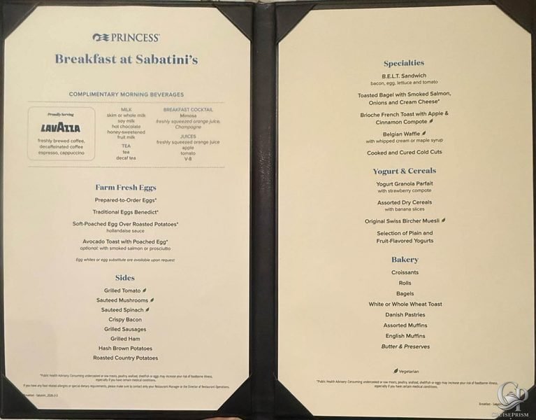Princess Cruises Sabatini’s Breakfast Menu