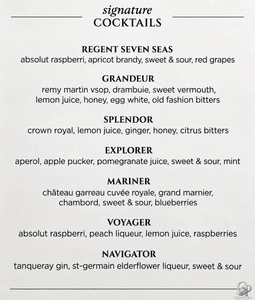 Regent Seven Seas Signature Cocktails Menu