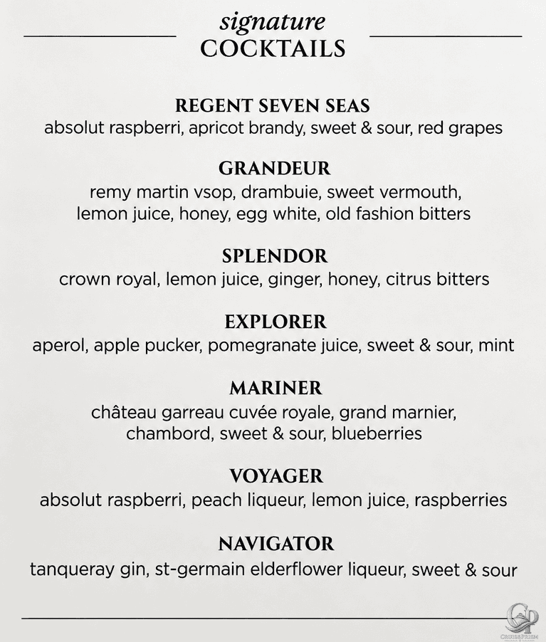 Regent Seven Seas Signature Cocktails Menu