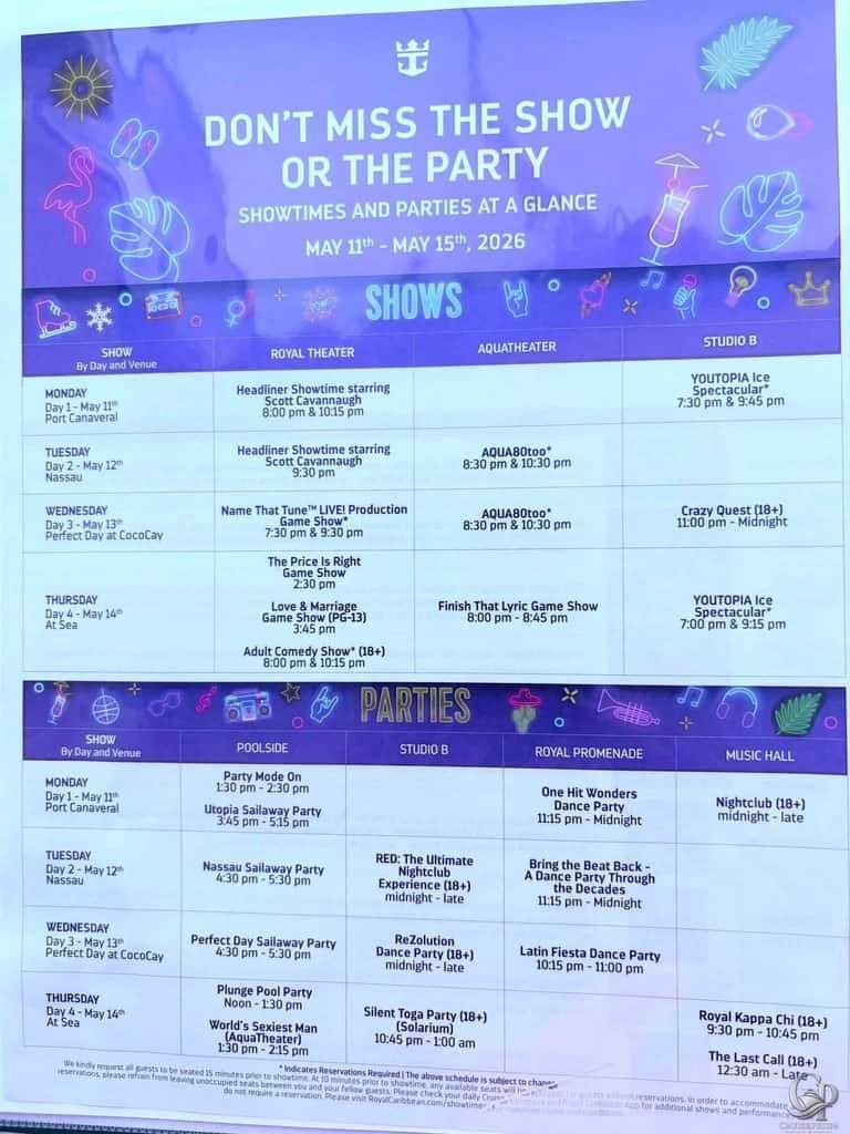 Royal Caribbean Utopia of the Seas Shows and Parties Schedule