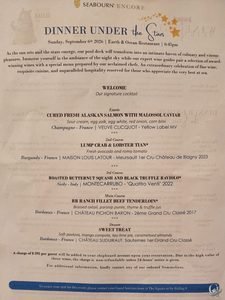 Seabourn Encore Dinner Under the Stars Menu & Wine Pairings