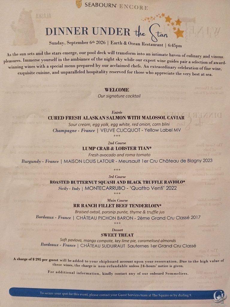 Seabourn Encore Dinner Under the Stars Menu & Wine Pairings