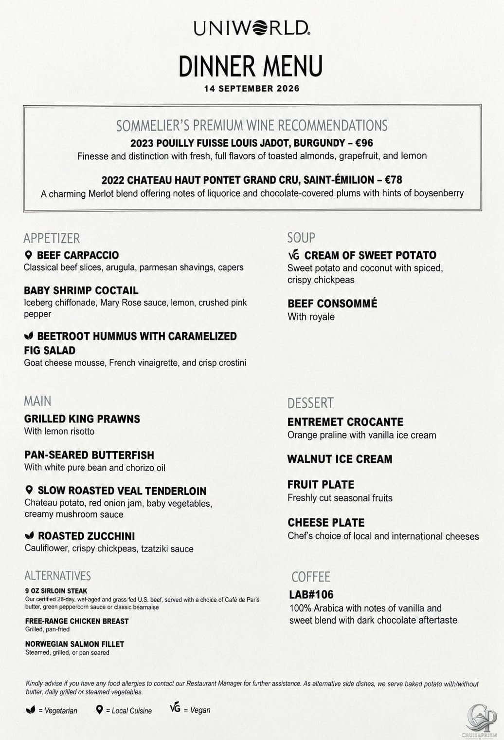 Uniworld S.S. Beatrice Dinner Menu