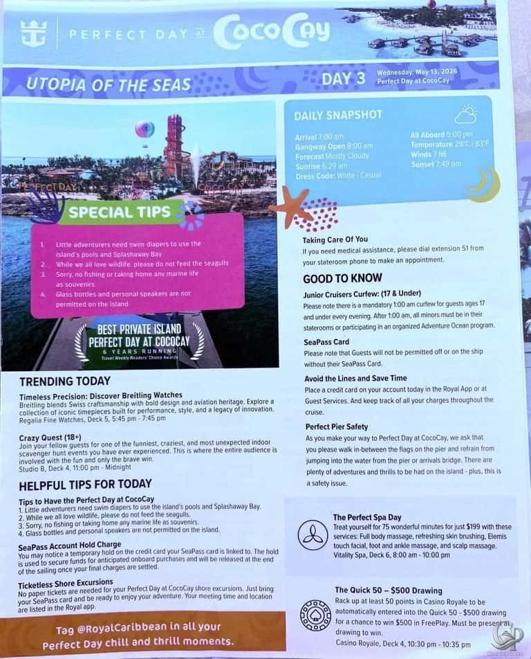 Utopia of the Seas Cruise Compass – 4-Night Bahamas & Perfect Day Daily Programs