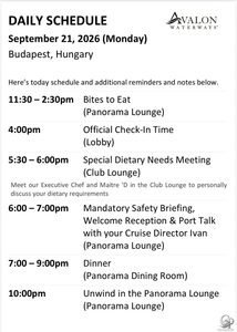 Avalon Passion Daily Schedule: Danube River Cruise Daily Programs
