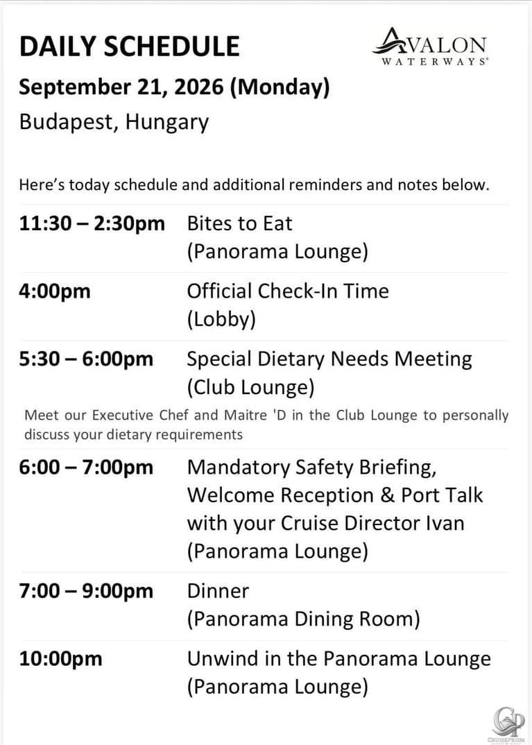 Avalon Passion Daily Schedule: Danube River Cruise Daily Programs