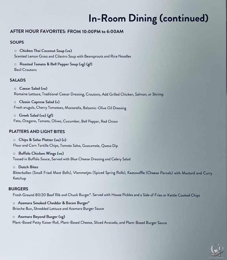 Azamara In-Room Dining Menu: Late-Night Room Service Options