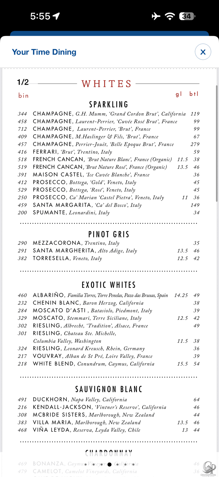 Carnival Cruise Line Main Dining Room Wine & Cocktail Menu with Prices