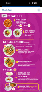 Carnival Cruise Line Masala Tiger Menu and Prices
