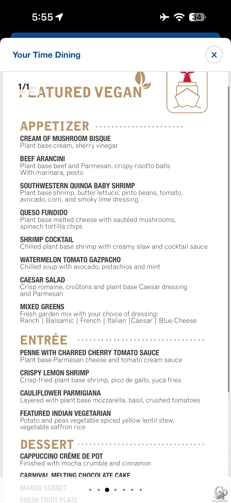 Carnival Cruise Line Vegan Dinner Menu