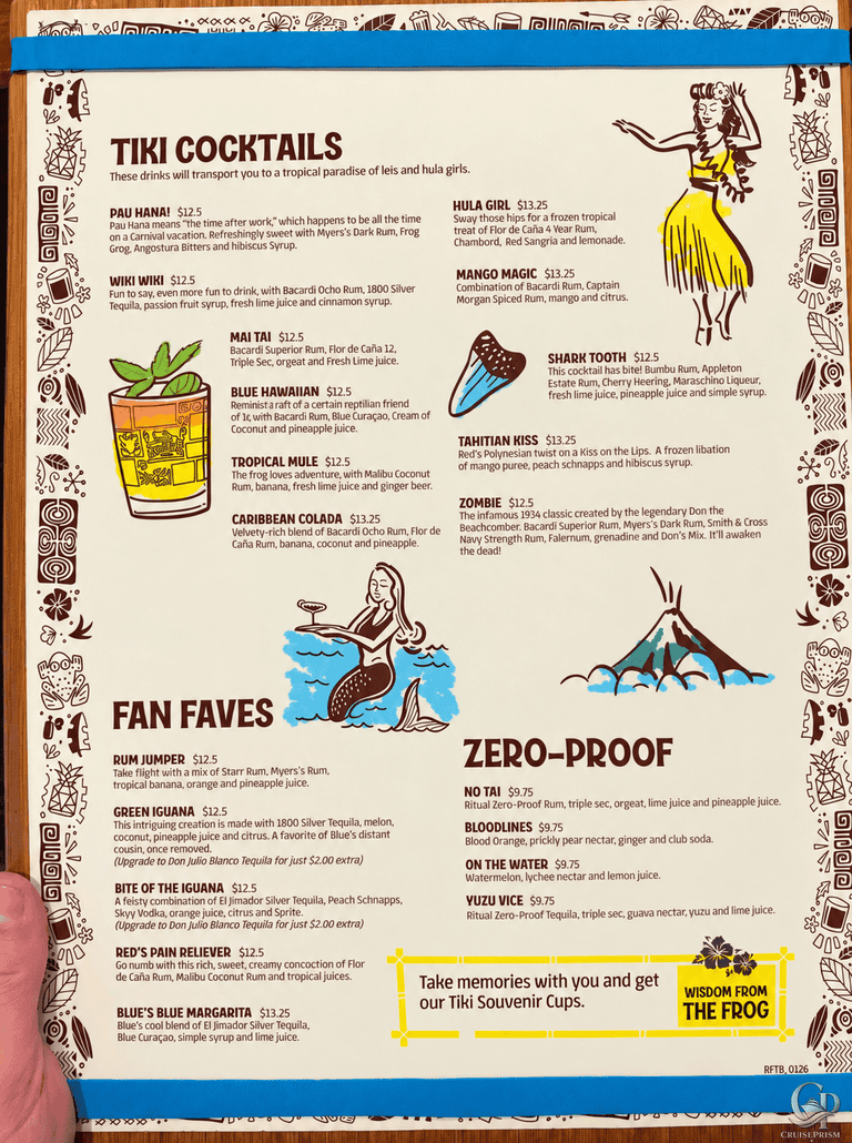 Carnival RedFrog Tiki Bar Cocktail Menu and Prices