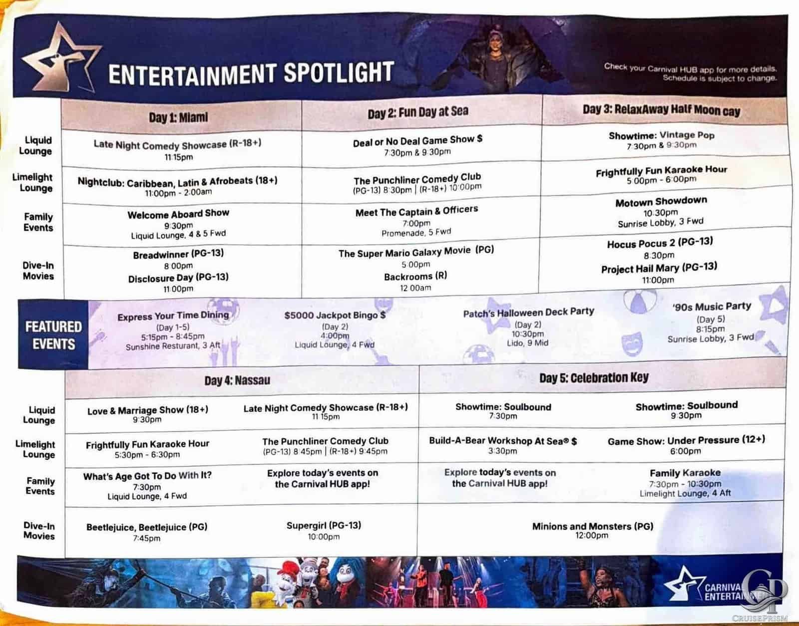 Carnival Sunrise Entertainment Schedule: 5-Day Bahamas Cruise