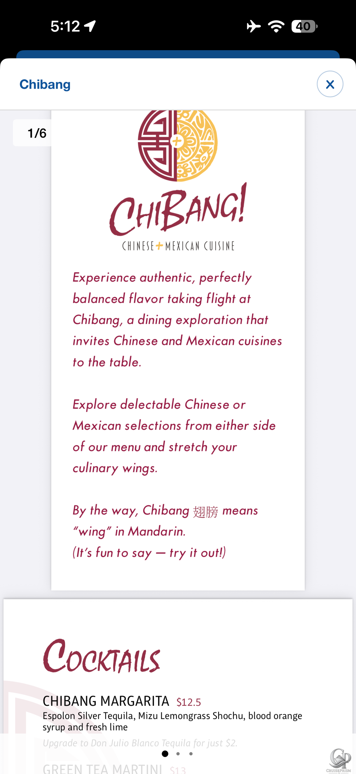 Chibang Drink Menu and Prices on Carnival Cruise Line