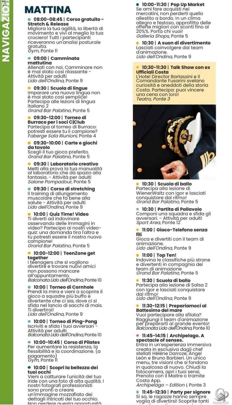 Costa Favolosa Oggi a Bordo: Programma Giornaliero di Navigazione