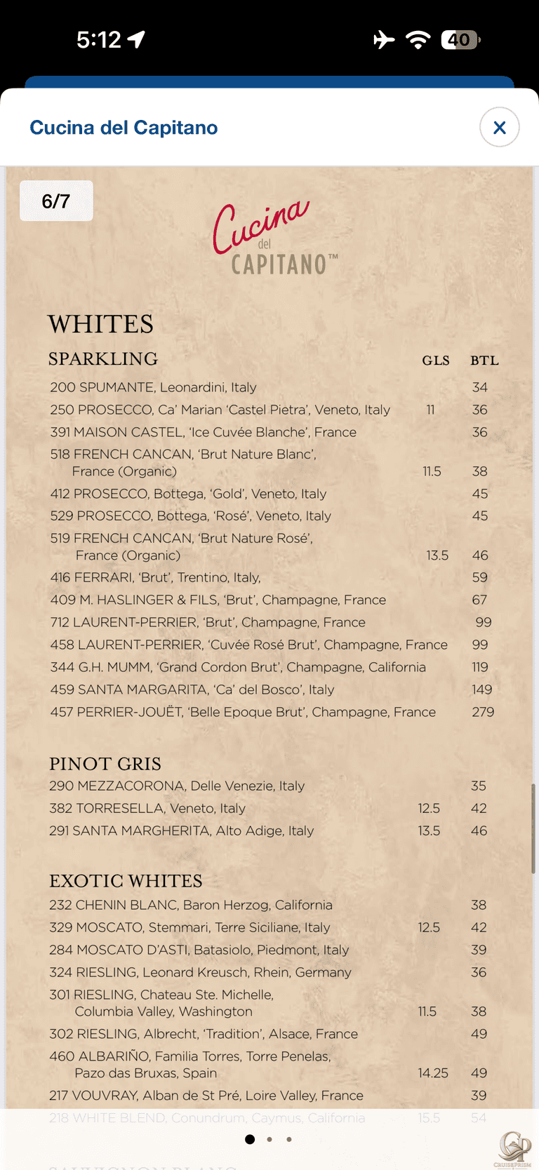 Cucina del Capitano Wine Menu: Prices & Wine List
