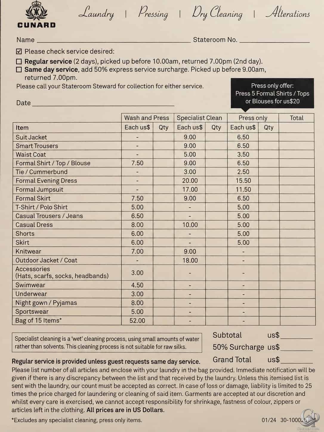 Cunard Laundry Prices: Wash, Pressing and Cleaning Services