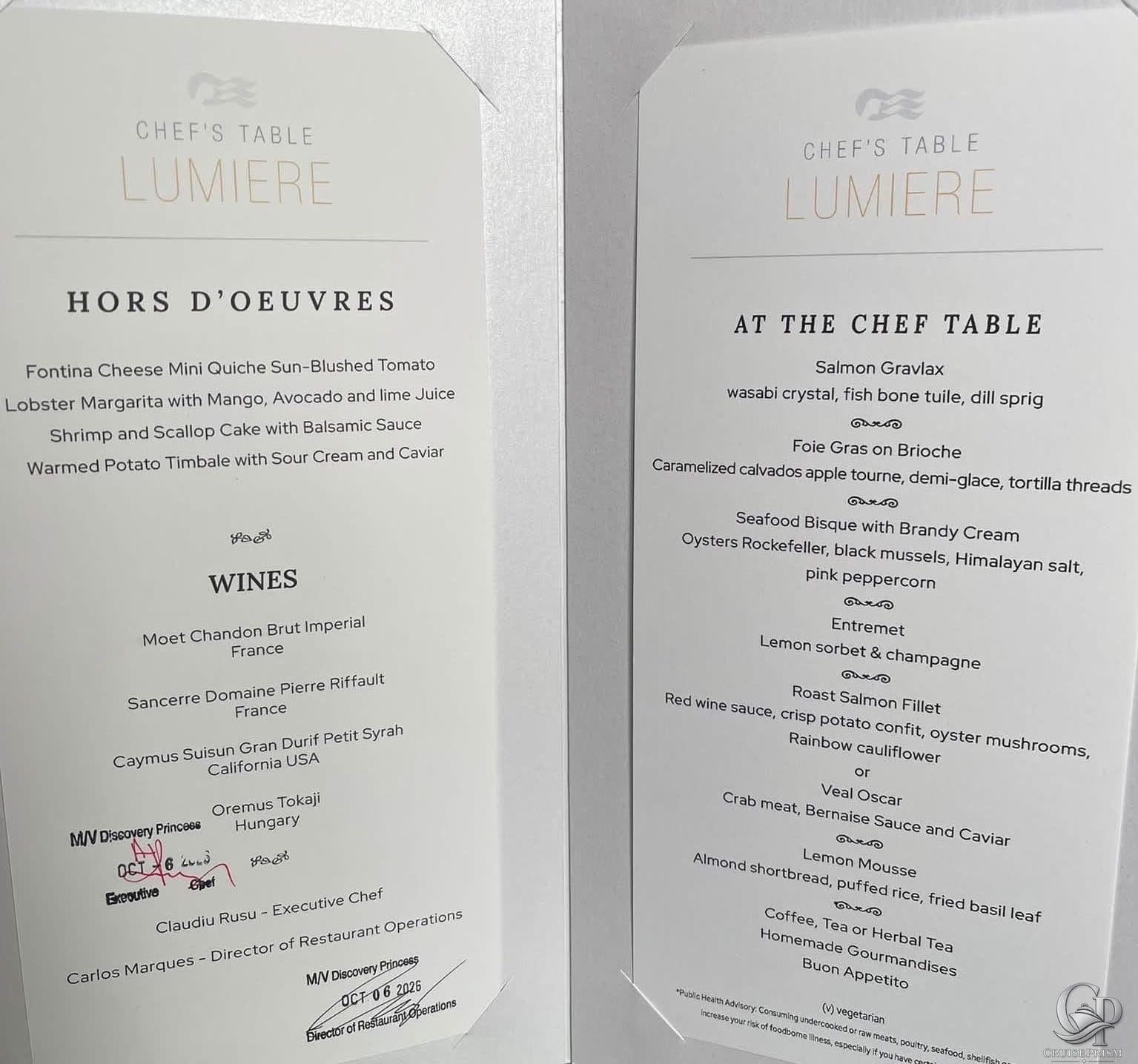 Discovery Princess Chef’s Table Lumiere Menu