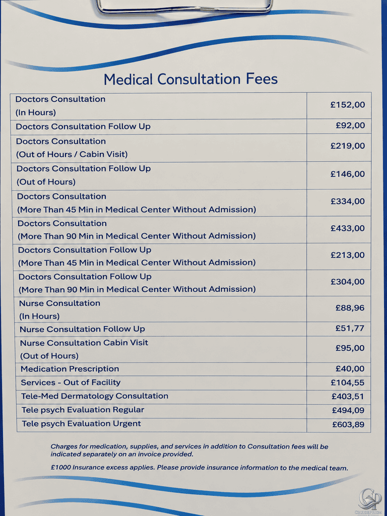Marella Cruises Medical Centre Prices: Doctor & Nurse Consultation Fees