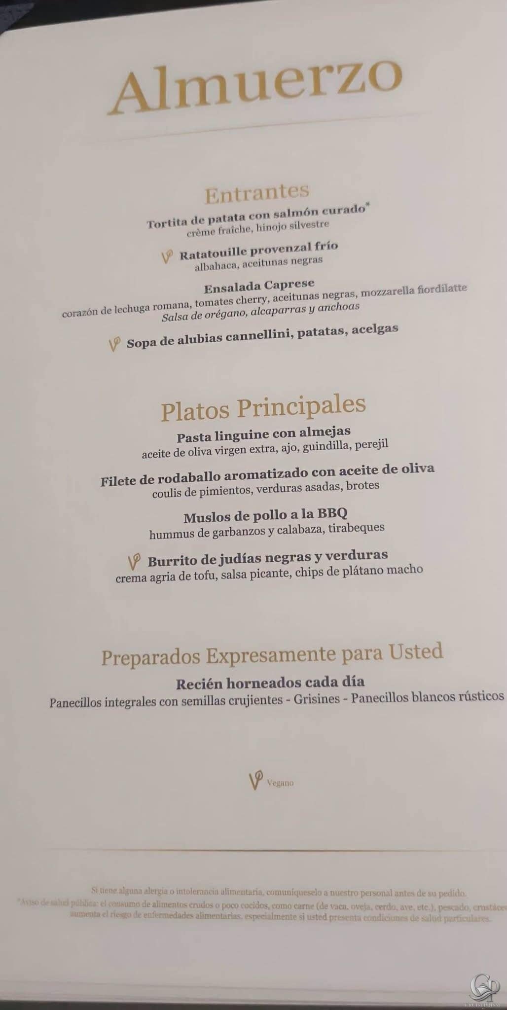 Menú de almuerzo del MSC Yacht Club: platos, opciones veganas y postres