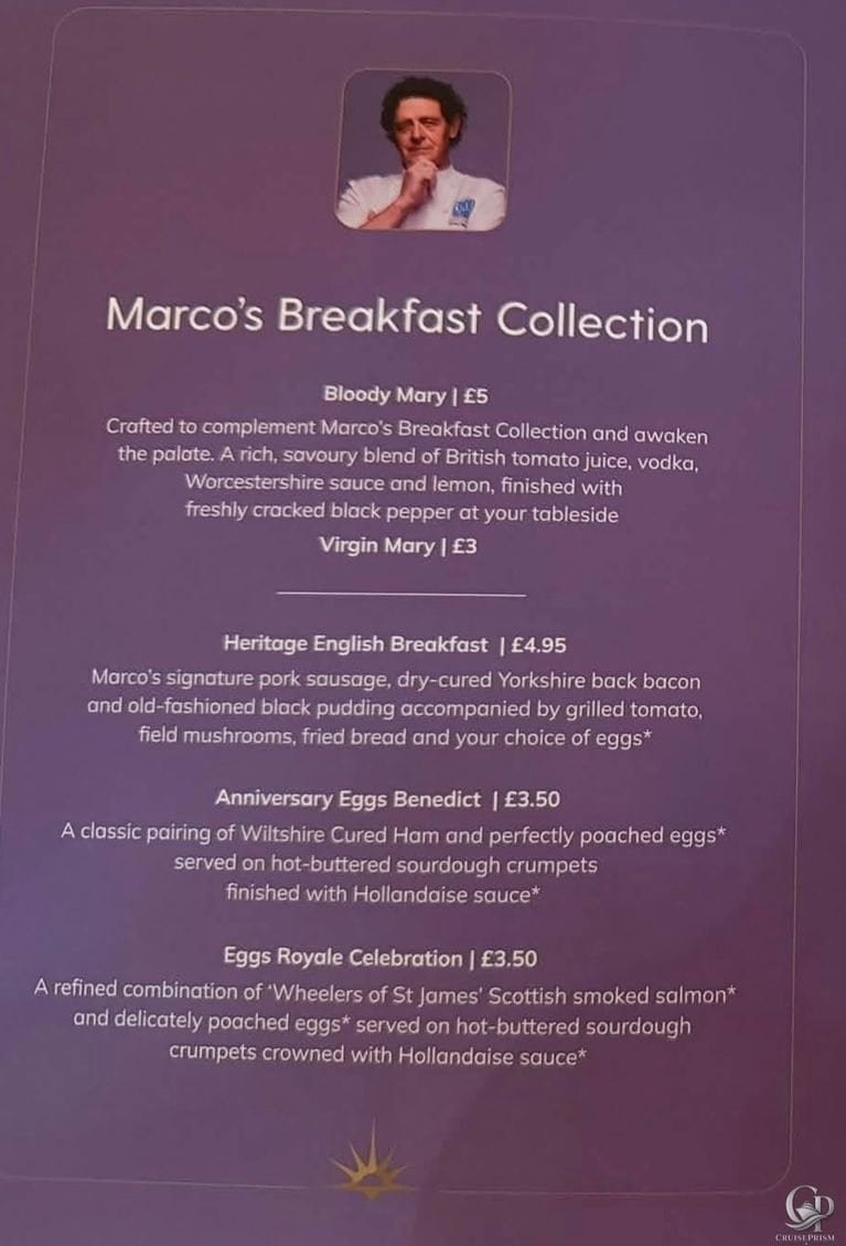 P&O Cruises Breakfast Menu & Marco’s Breakfast Collection