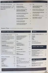 P&O Cruises Room Service Drinks Menu & Prices