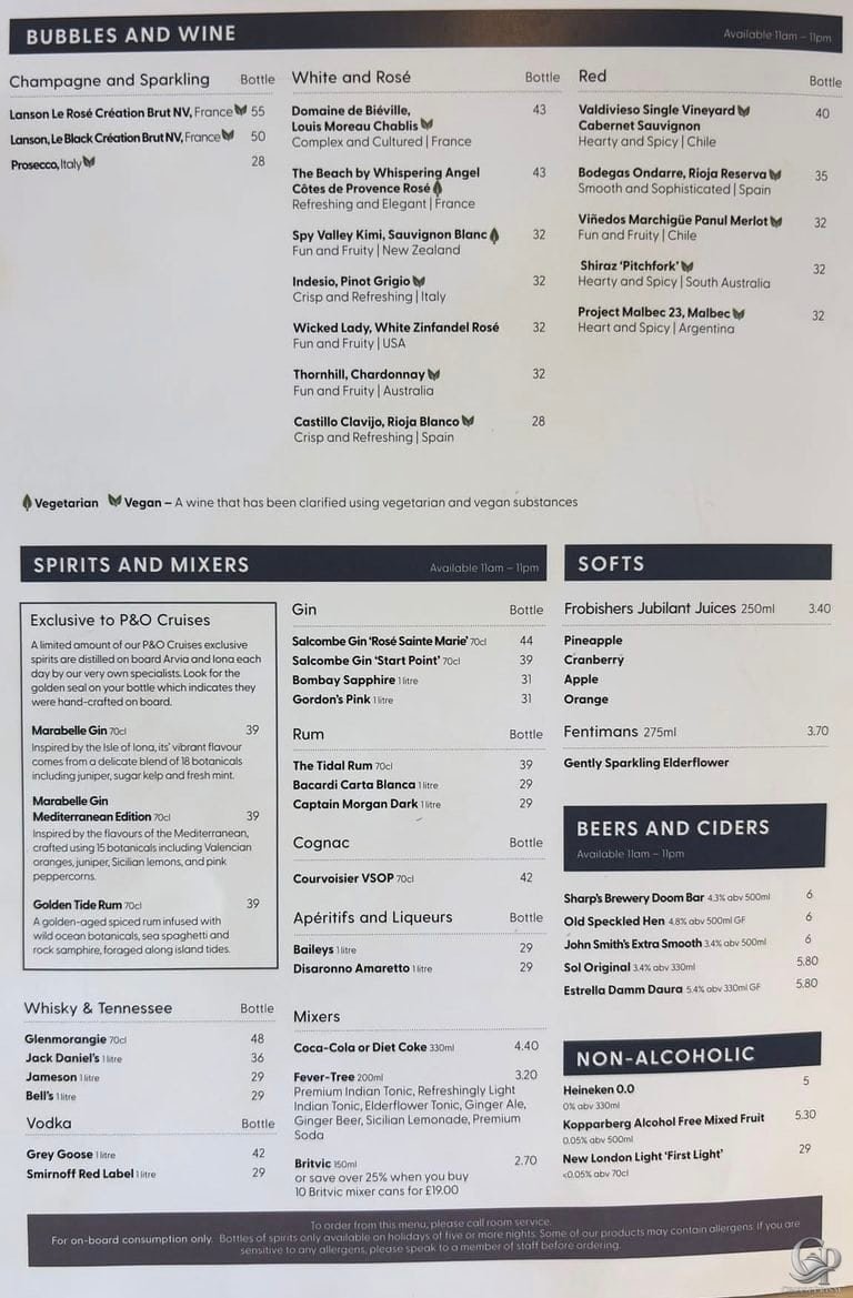P&O Cruises Room Service Drinks Menu & Prices