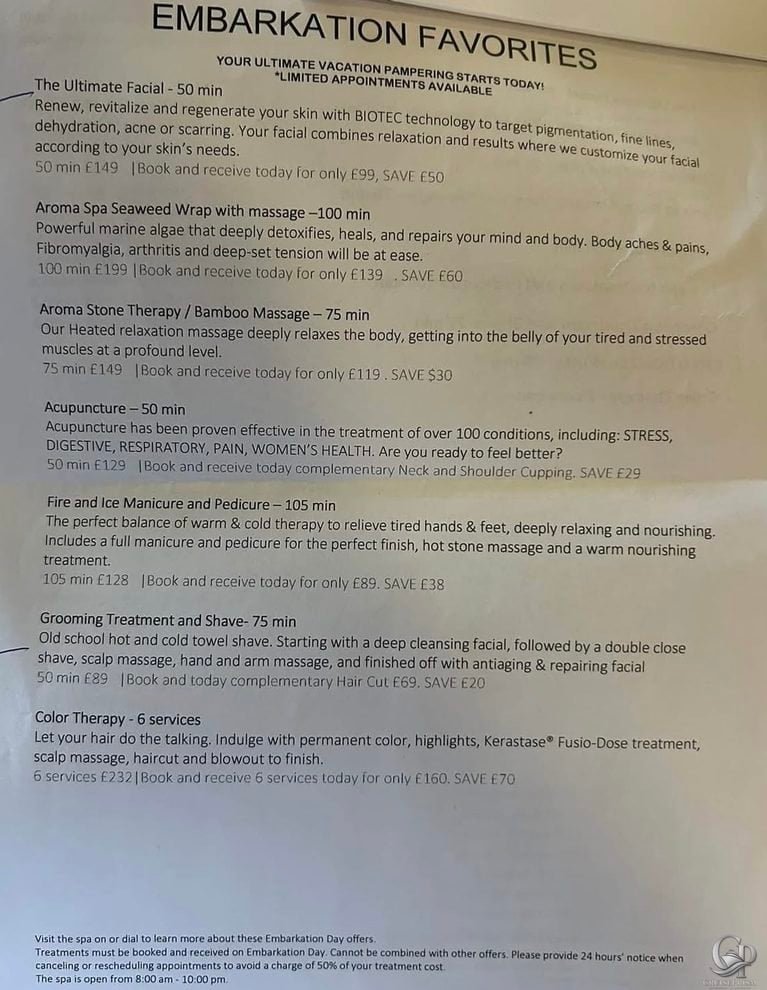 P&O Cruises Spa Prices and Embarkation Day Specials