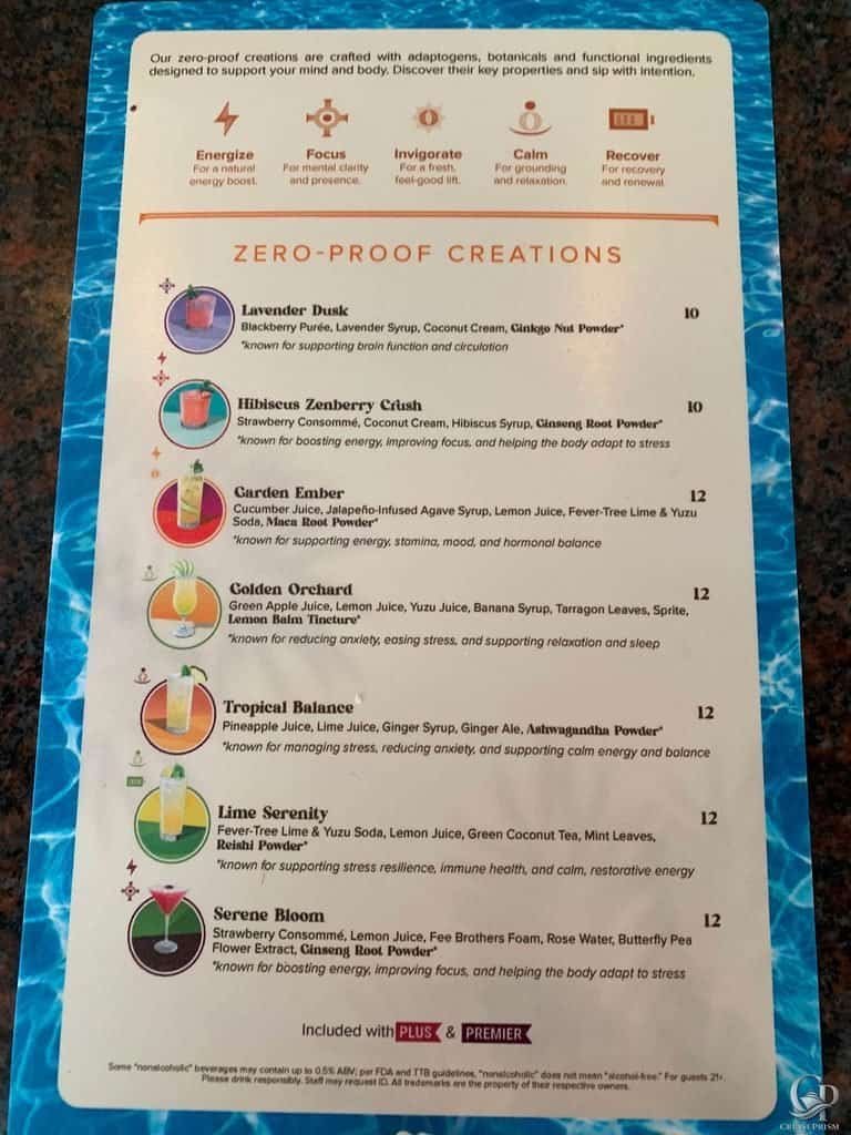 Princess Cruises Zero-Proof Creations Menu