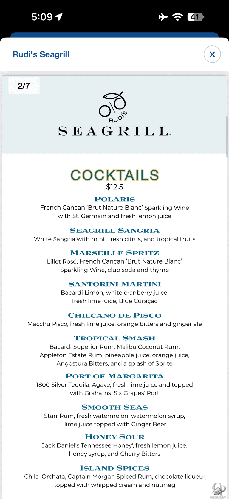 Rudi’s Seagrill Drink Menu: Cocktails, Wine & Prices on Carnival Cruise Line