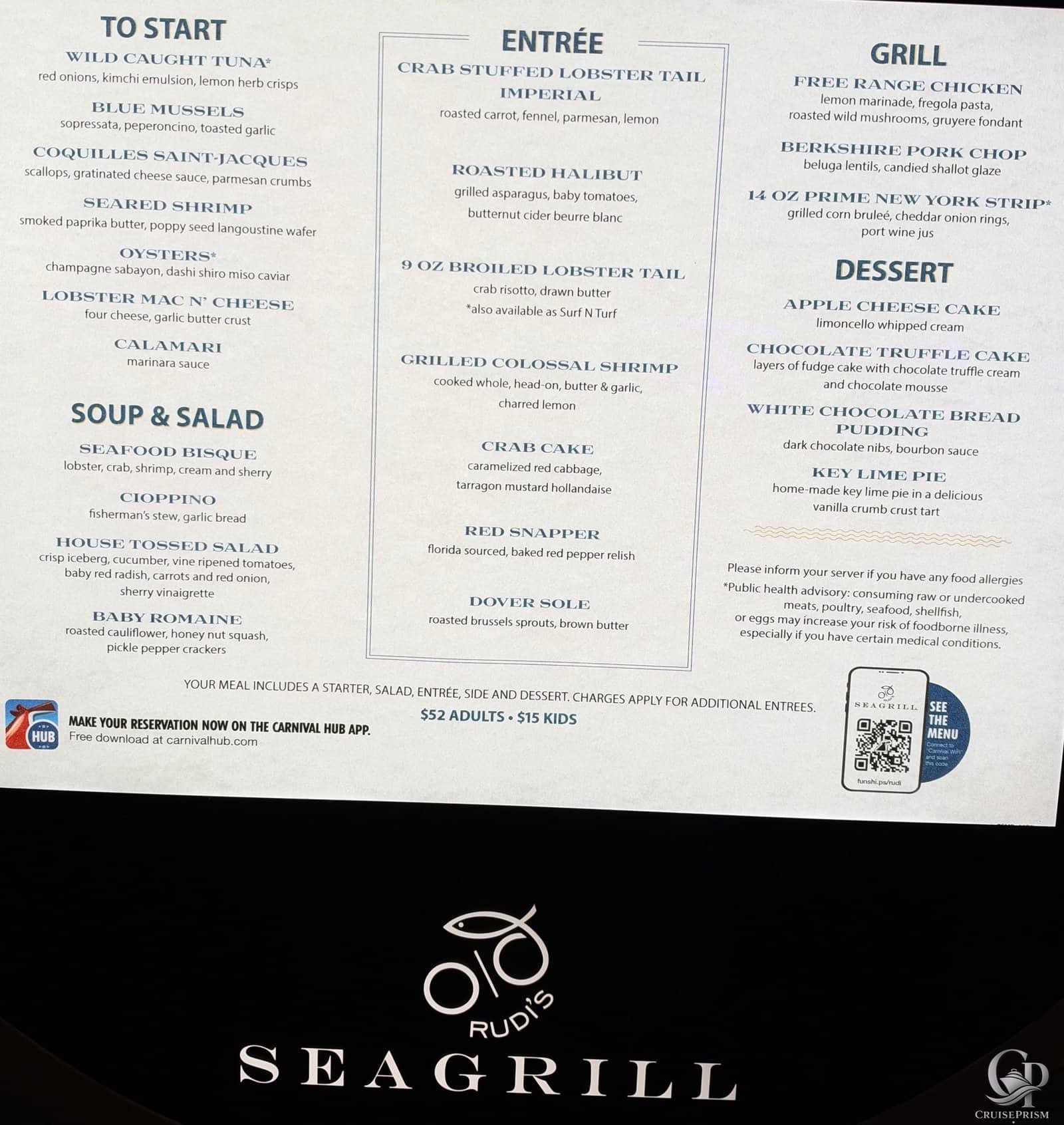 Rudi’s Seagrill Menu on Carnival Cruise Line: Seafood, Lobster, Steak & Desserts