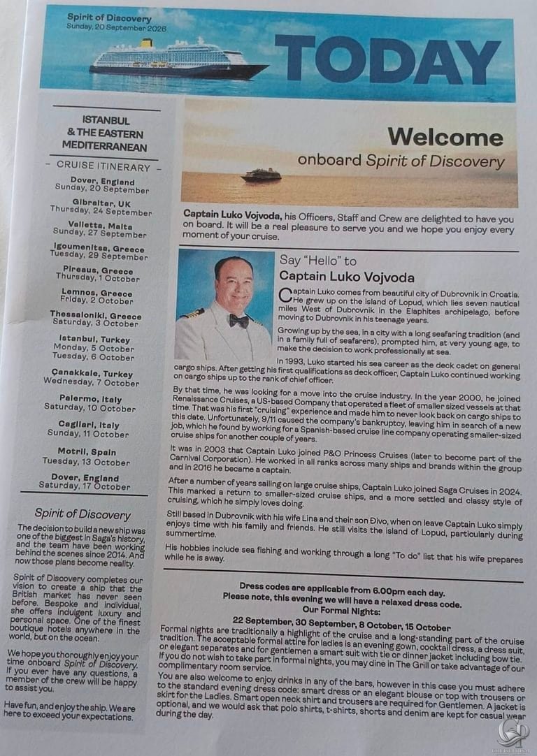 Spirit of Discovery Daily Programme – Embarkation Day