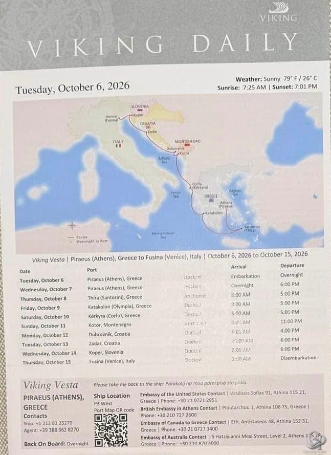 Viking Vesta Daily Program: Athens to Venice